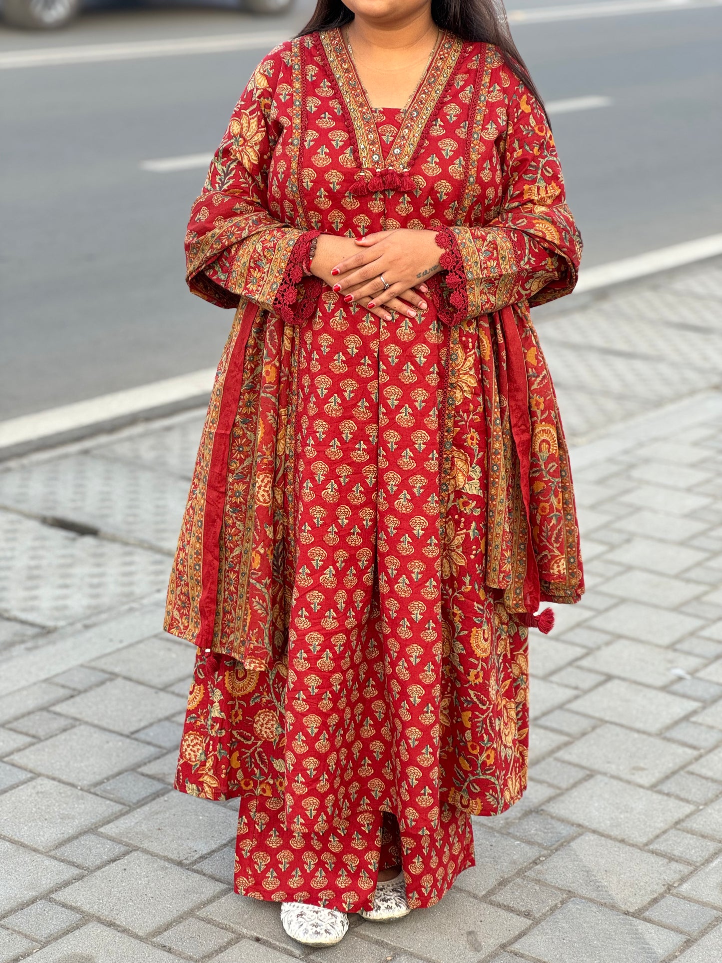 Latest Floral Printed Cotton Semi-Party Wear A-Line Suit.