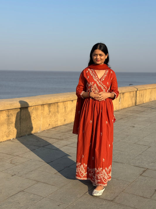 Latest  Embroidery Work  Cotton Semi-Party Wear Anarkali Suit.