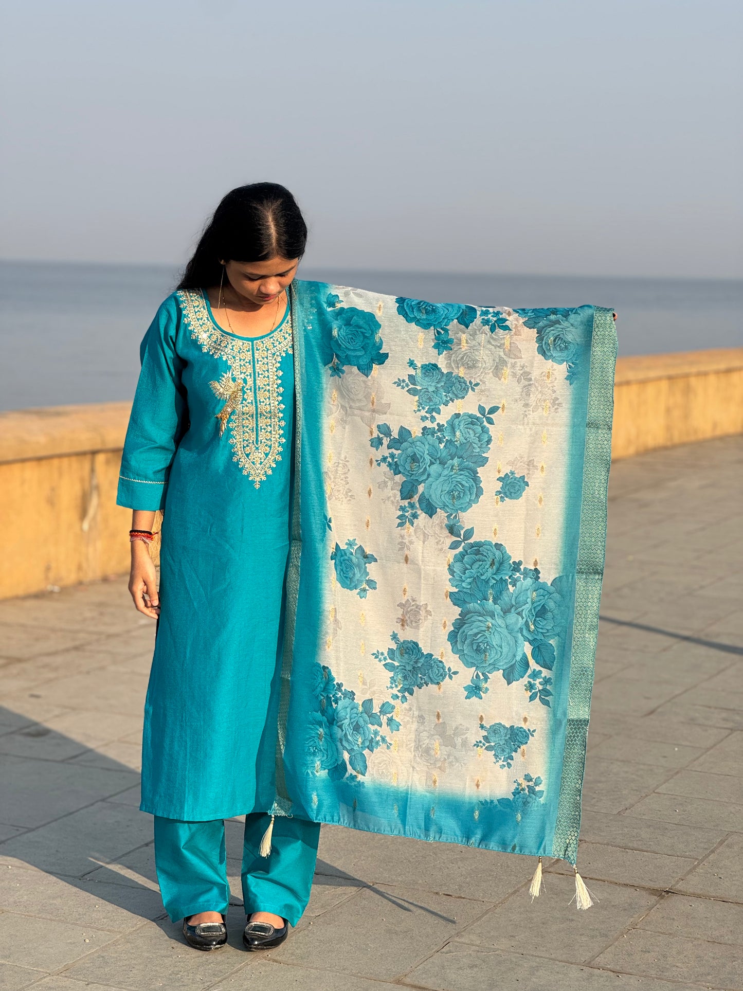 Latest Mulchanderi Peacock Jari Work Straight Cut Party Wear Suit.