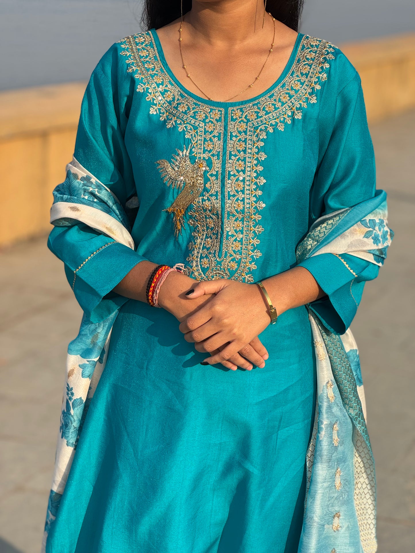 Latest Mulchanderi Peacock Jari Work Straight Cut Party Wear Suit.