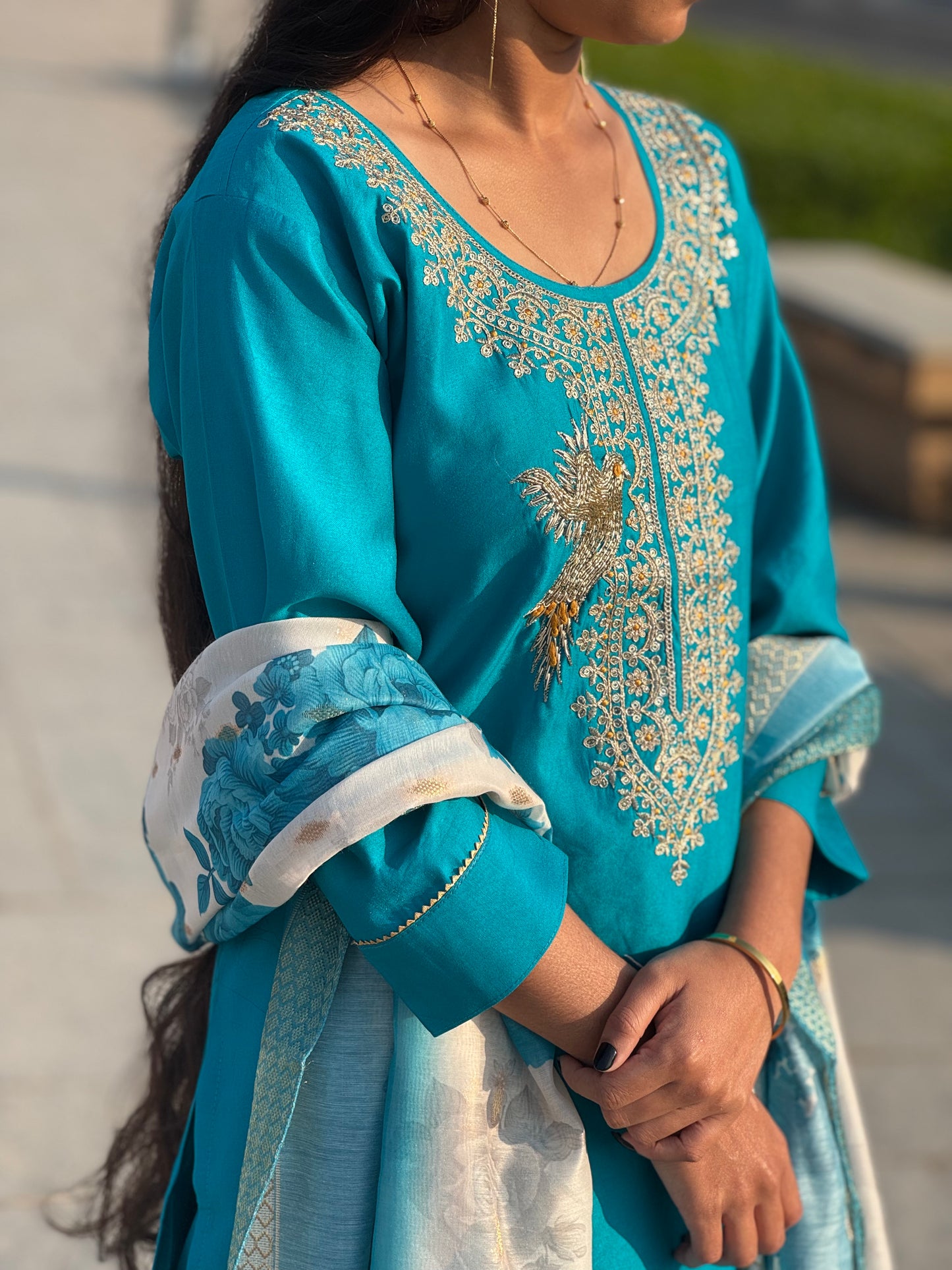 Latest Mulchanderi Peacock Jari Work Straight Cut Party Wear Suit.