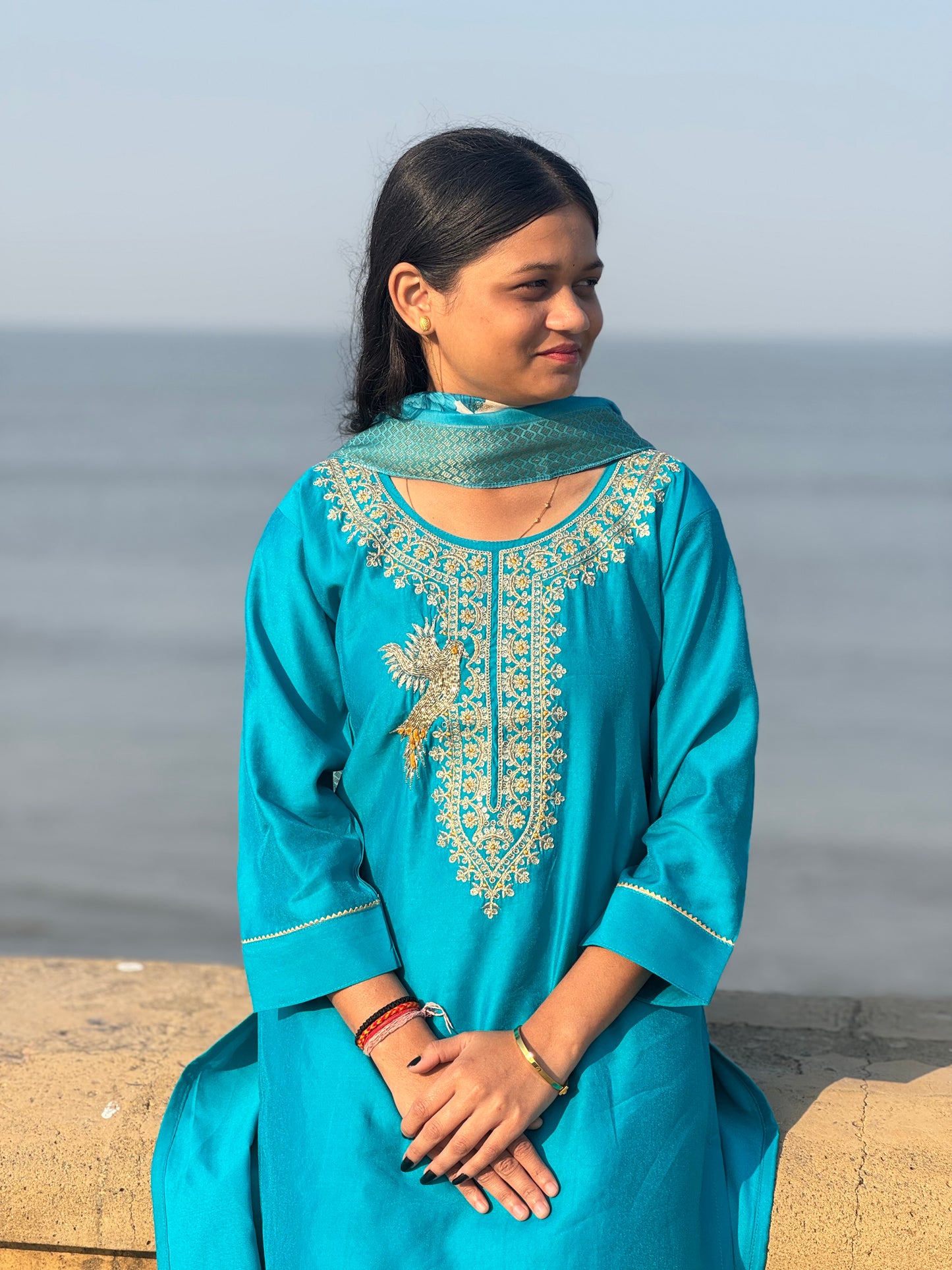 Latest Mulchanderi Peacock Jari Work Straight Cut Party Wear Suit.