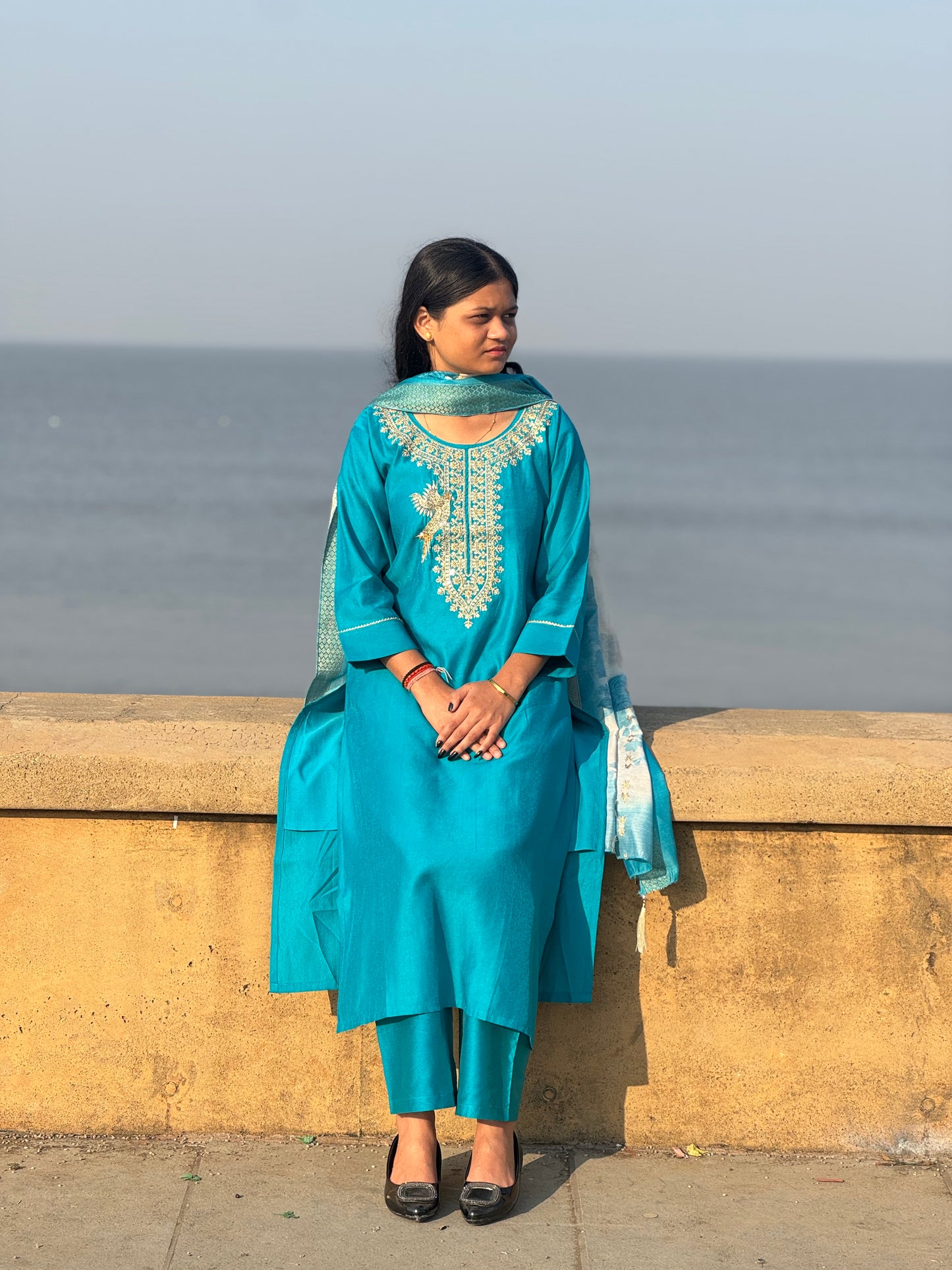 Latest Mulchanderi Peacock Jari Work Straight Cut Party Wear Suit.