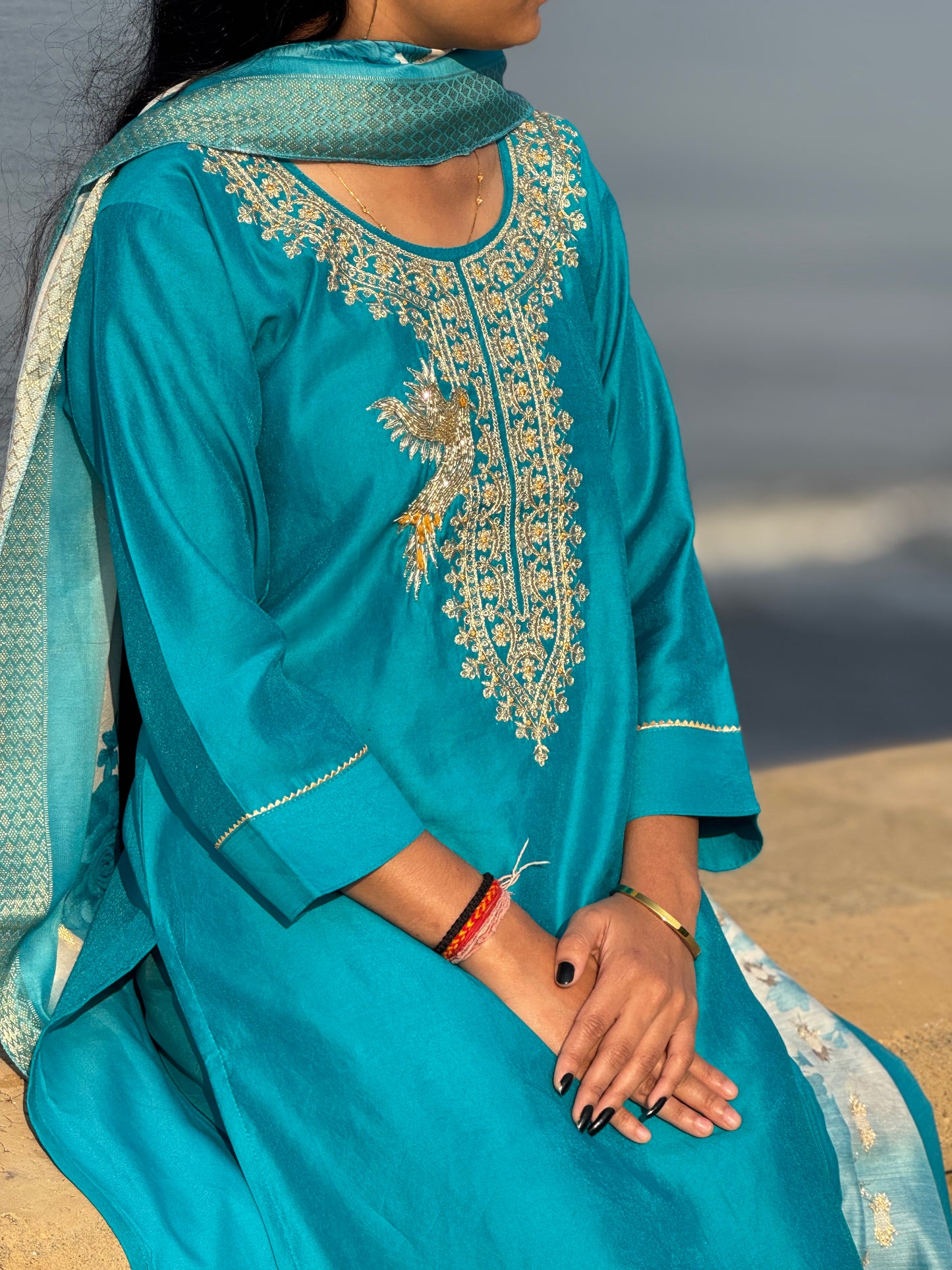 Latest Mulchanderi Peacock Jari Work Straight Cut Party Wear Suit.