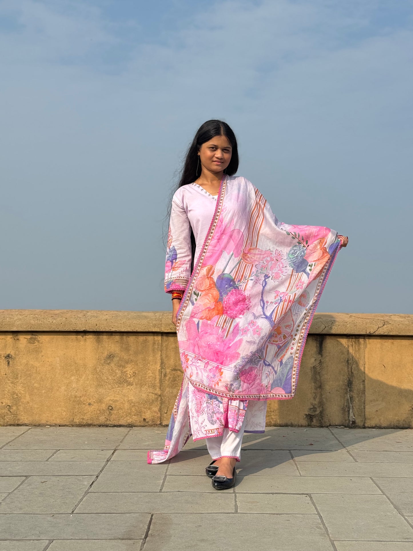 Premium Cotton Flower Print With Hand Work Casual Wear A Line  Suit.