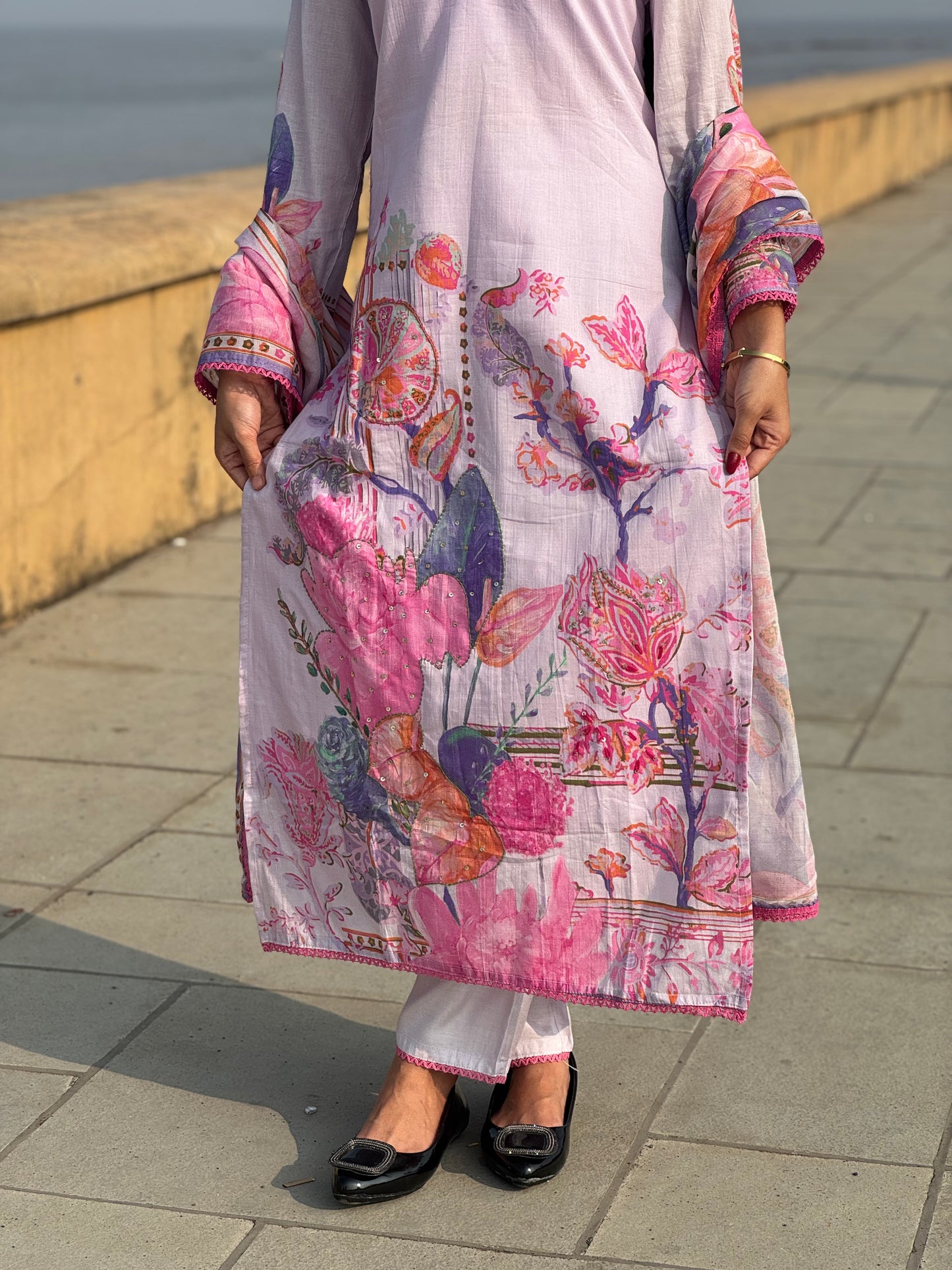 Premium Cotton Flower Print With Hand Work Casual Wear A Line  Suit.