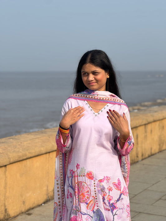 Premium Cotton Flower Print With Hand Work Casual Wear A Line  Suit.