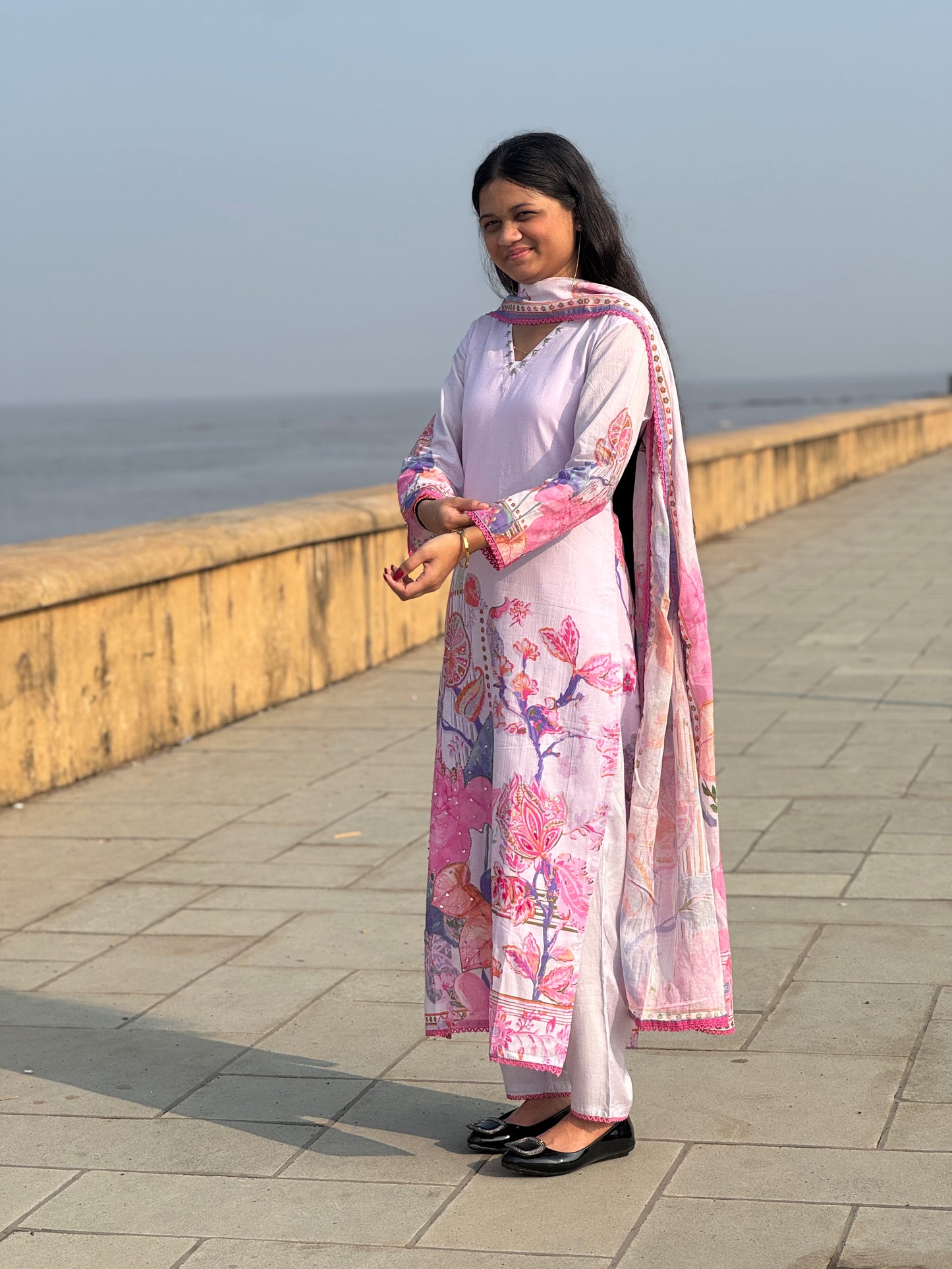 Premium Cotton Flower Print With Hand Work Casual Wear A Line  Suit.