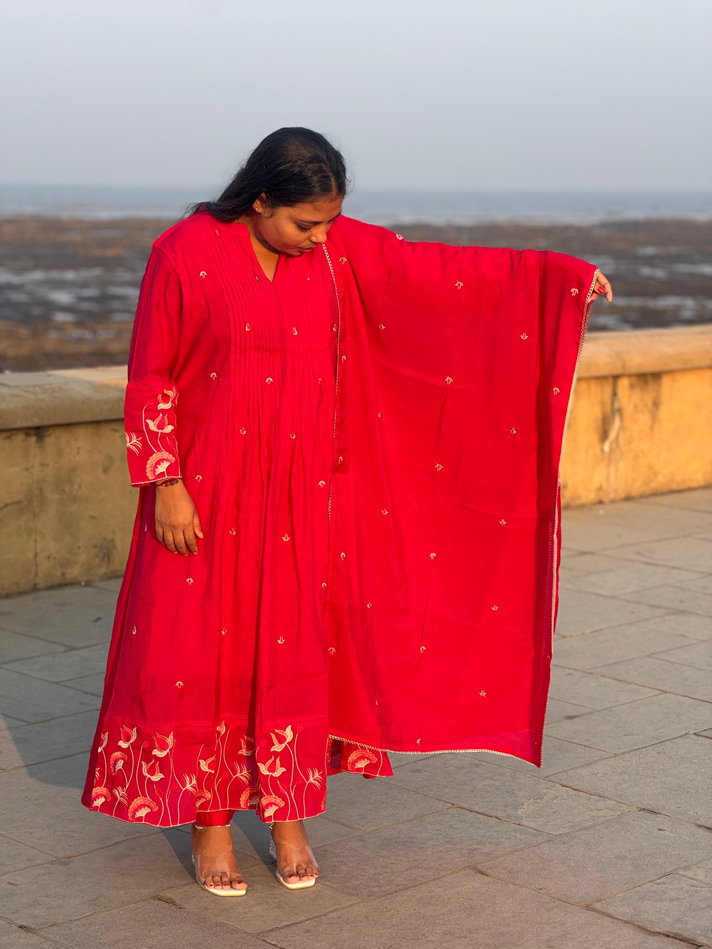 Premium Lotus Embroidery Anarkali Premium Semi-Partywear Cotton Suit.