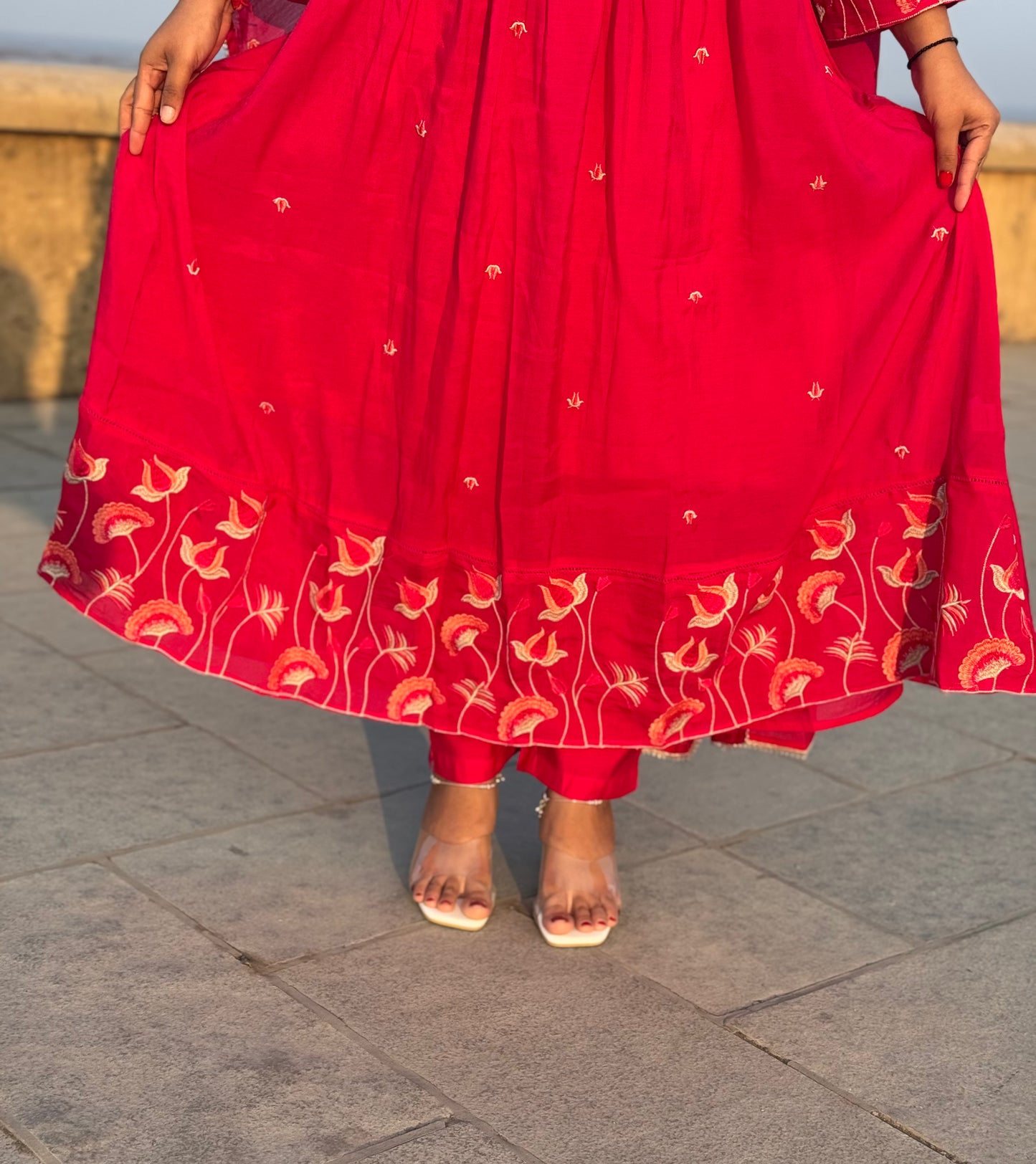 Premium Lotus Embroidery Anarkali Premium Semi-Partywear Cotton Suit.
