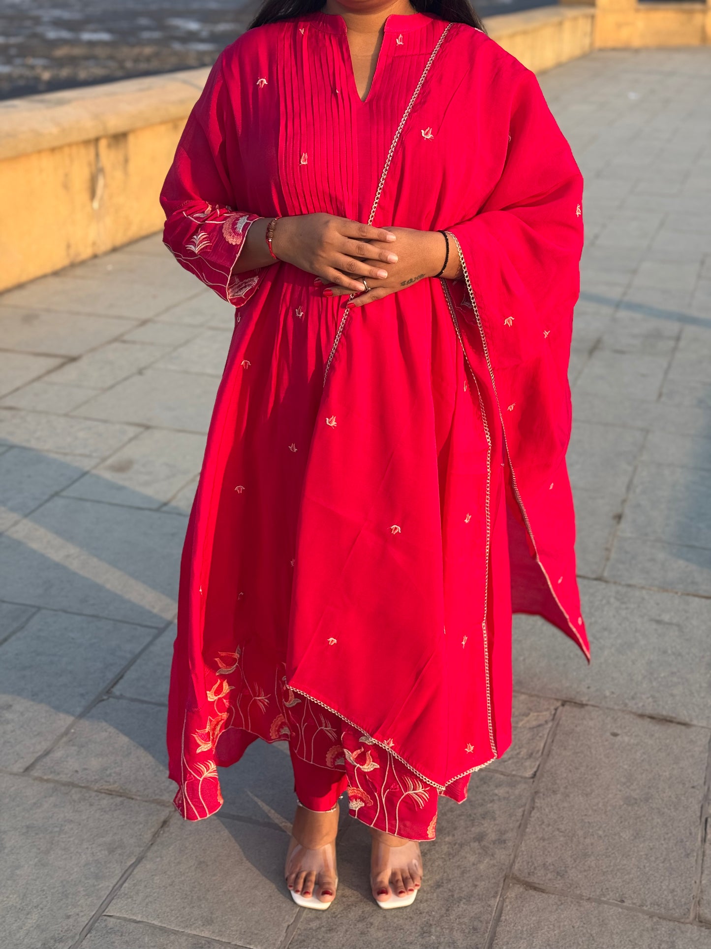 Premium Lotus Embroidery Anarkali Premium Semi-Partywear Cotton Suit.