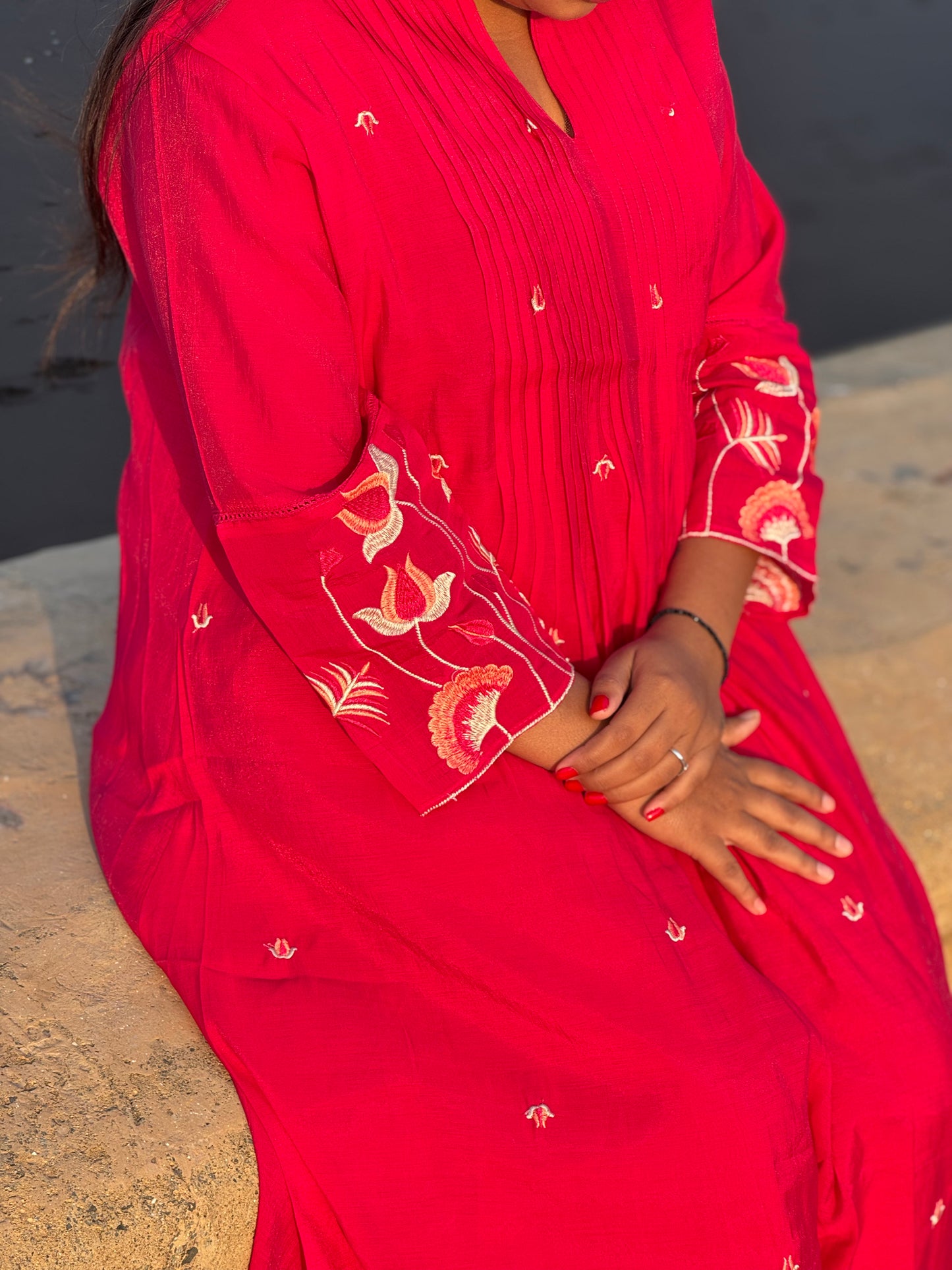 Premium Lotus Embroidery Anarkali Premium Semi-Partywear Cotton Suit.