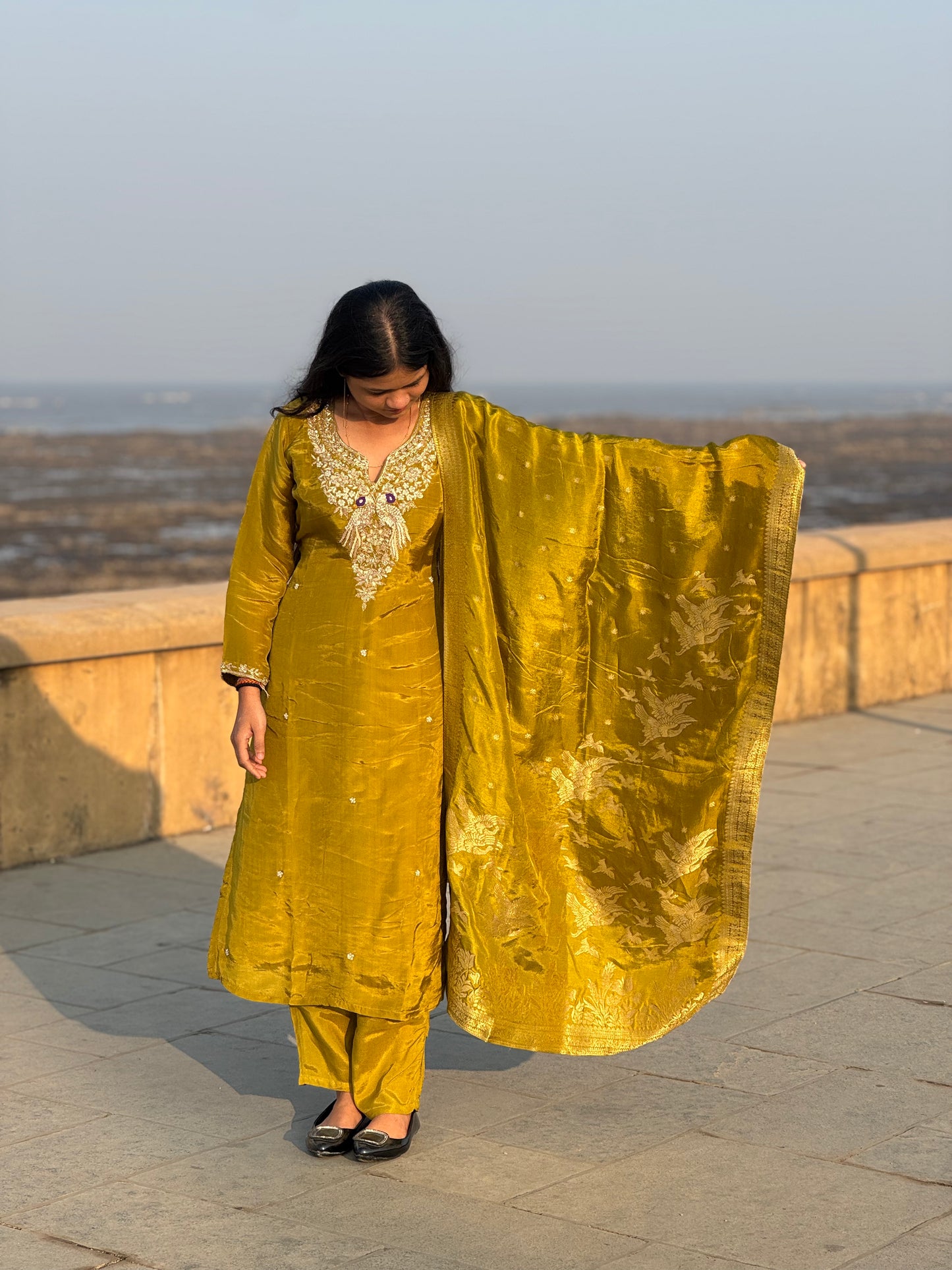 Latest Party Wear Dola Silk Suit With Peacock Work & Pure Banarasi Duptta.