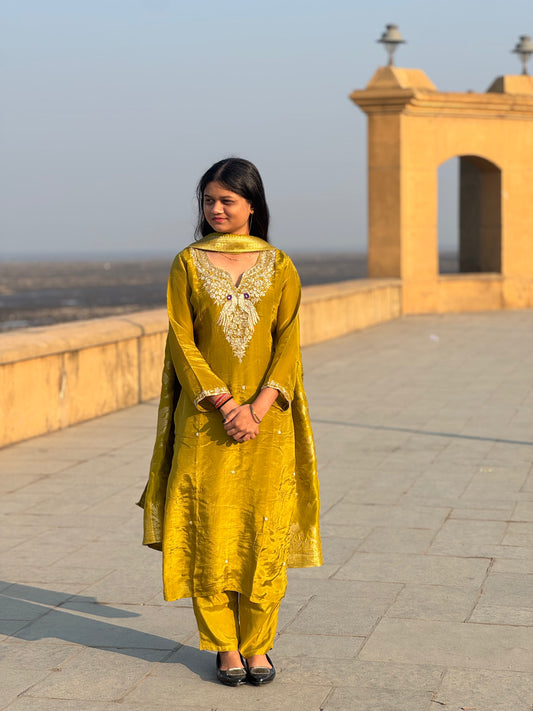 Latest Party Wear Dola Silk Suit With Peacock Work & Pure Banarasi Duptta.