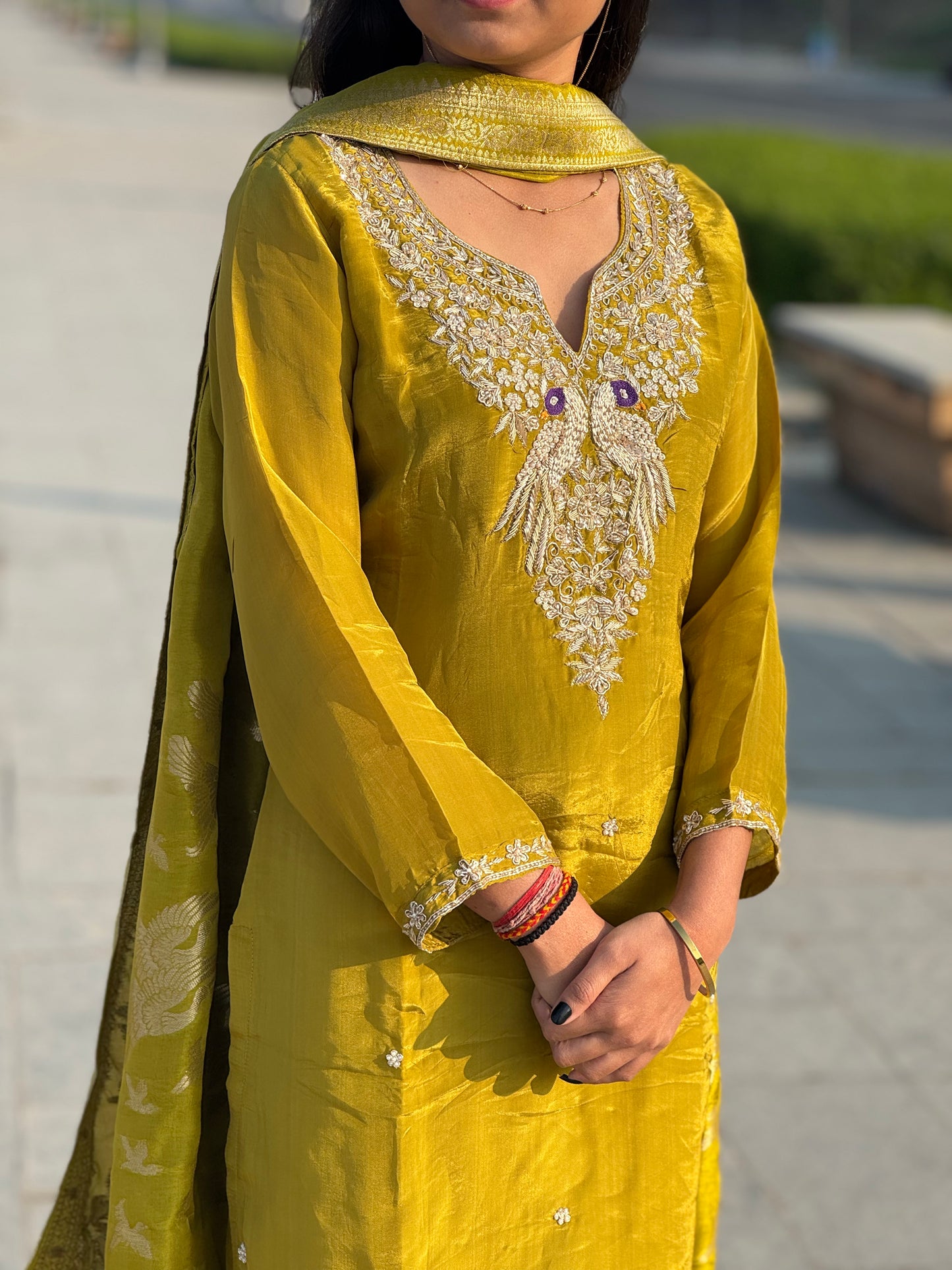 Latest Party Wear Dola Silk Suit With Peacock Work & Pure Banarasi Duptta.