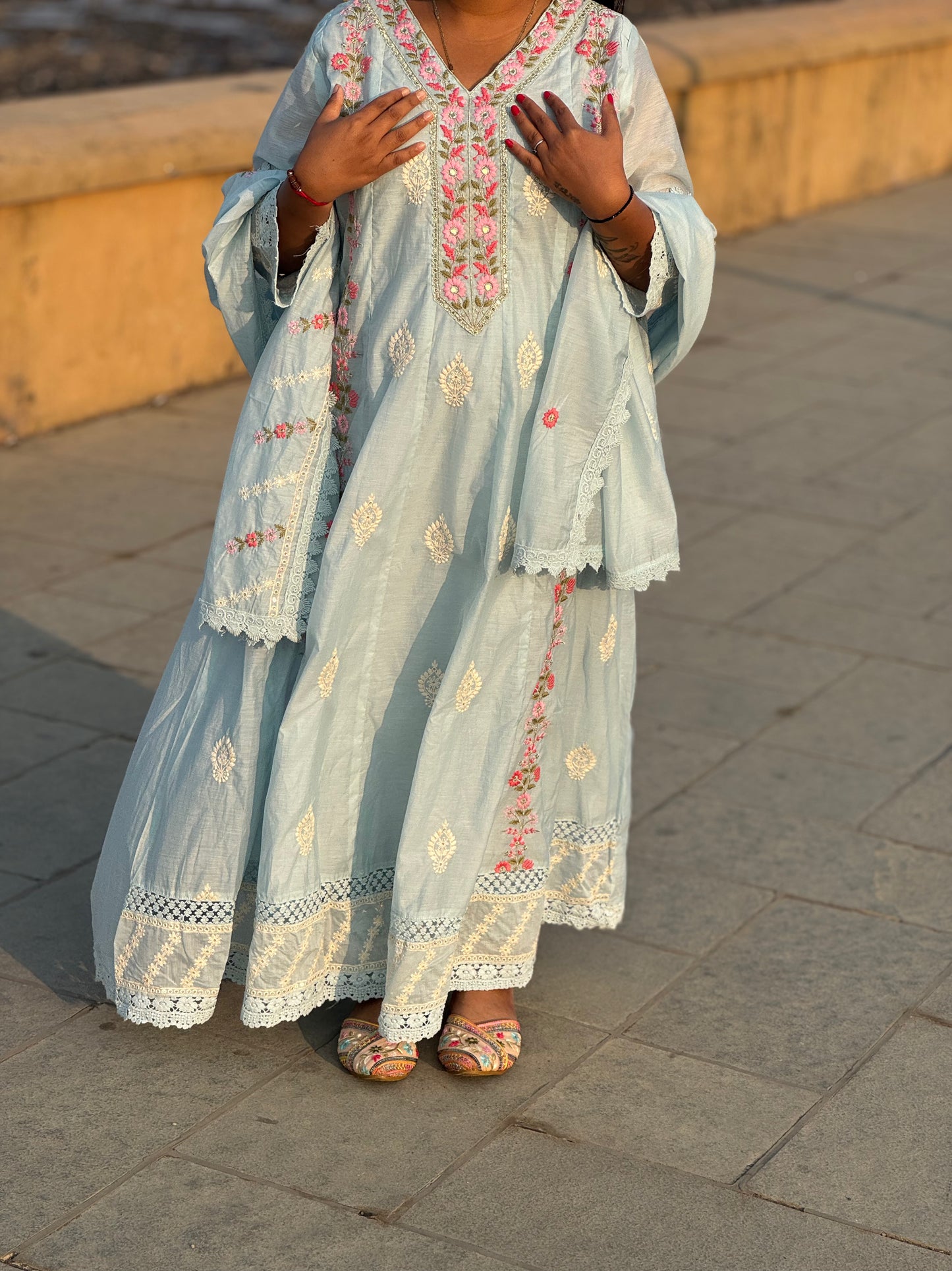 Latest Hand Embroidery  Cotton Semi-Party Wear Anarkali Suit.