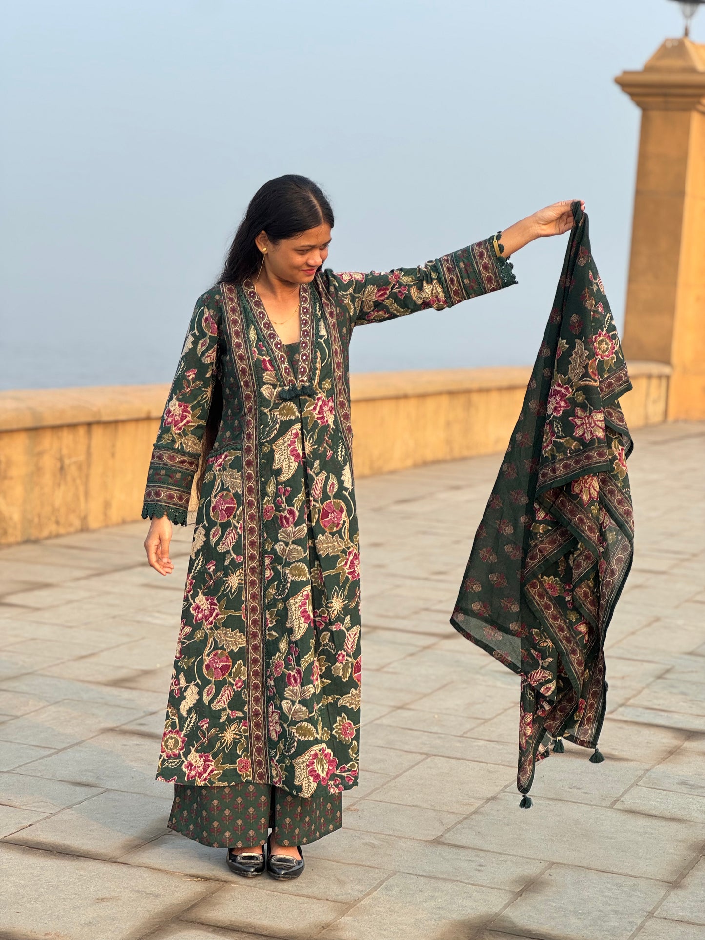 Latest Floral Printing Cotton Semi-Party Wear A-Line Suit.