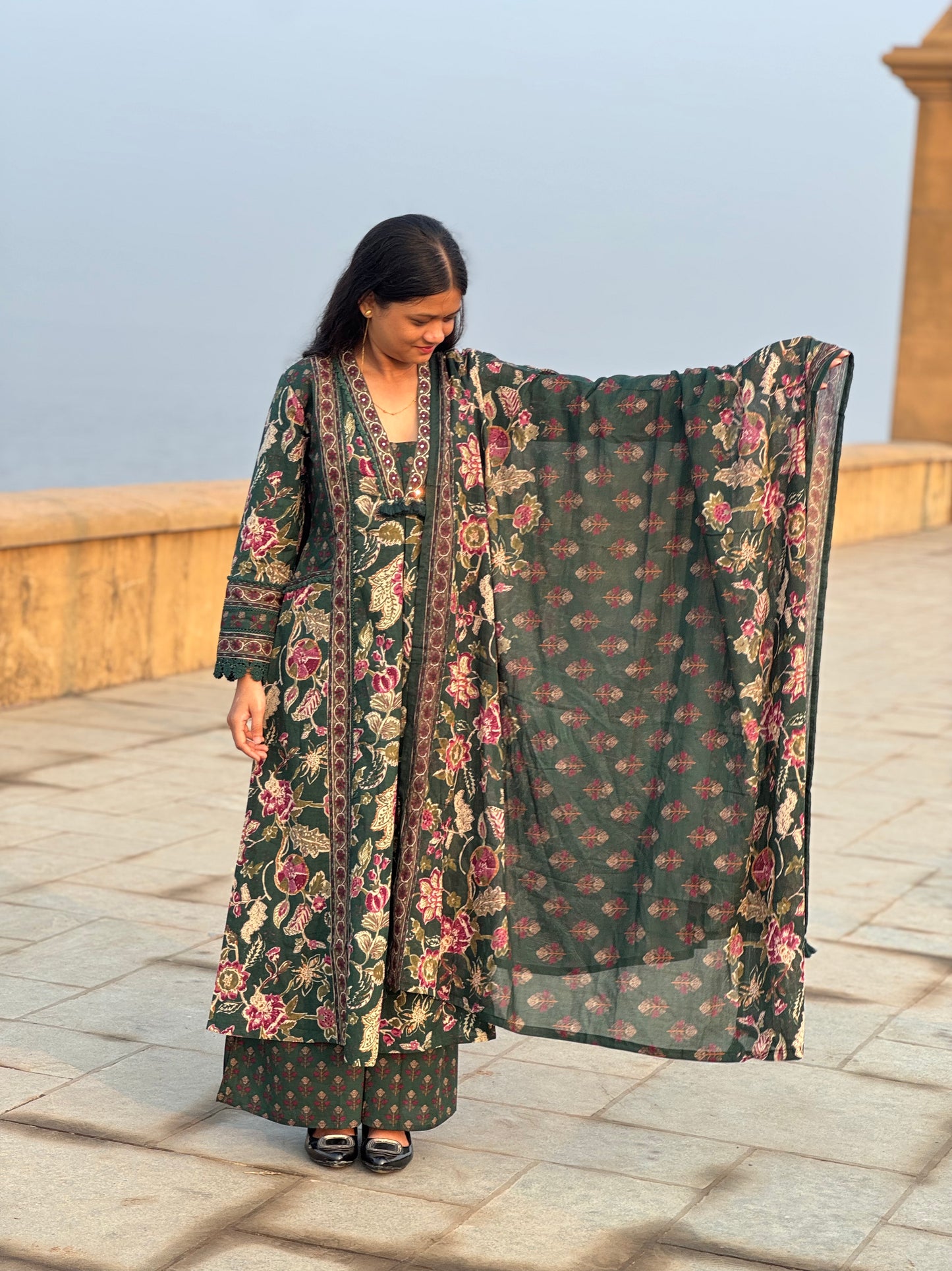 Latest Floral Printing Cotton Semi-Party Wear A-Line Suit.