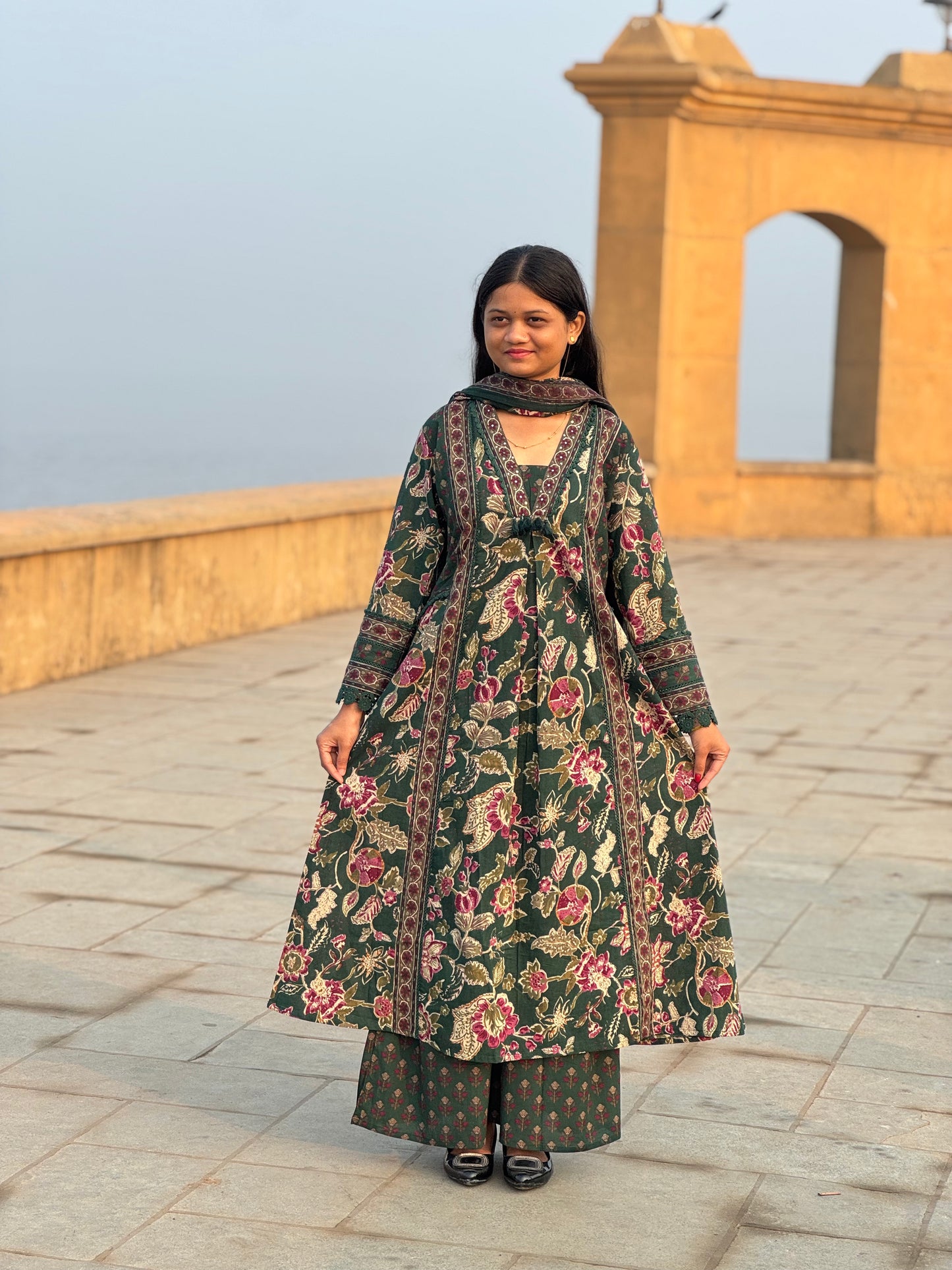 Latest Floral Printing Cotton Semi-Party Wear A-Line Suit.