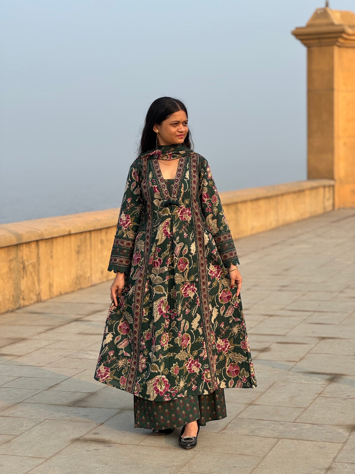 Latest Floral Printing Cotton Semi-Party Wear A-Line Suit.