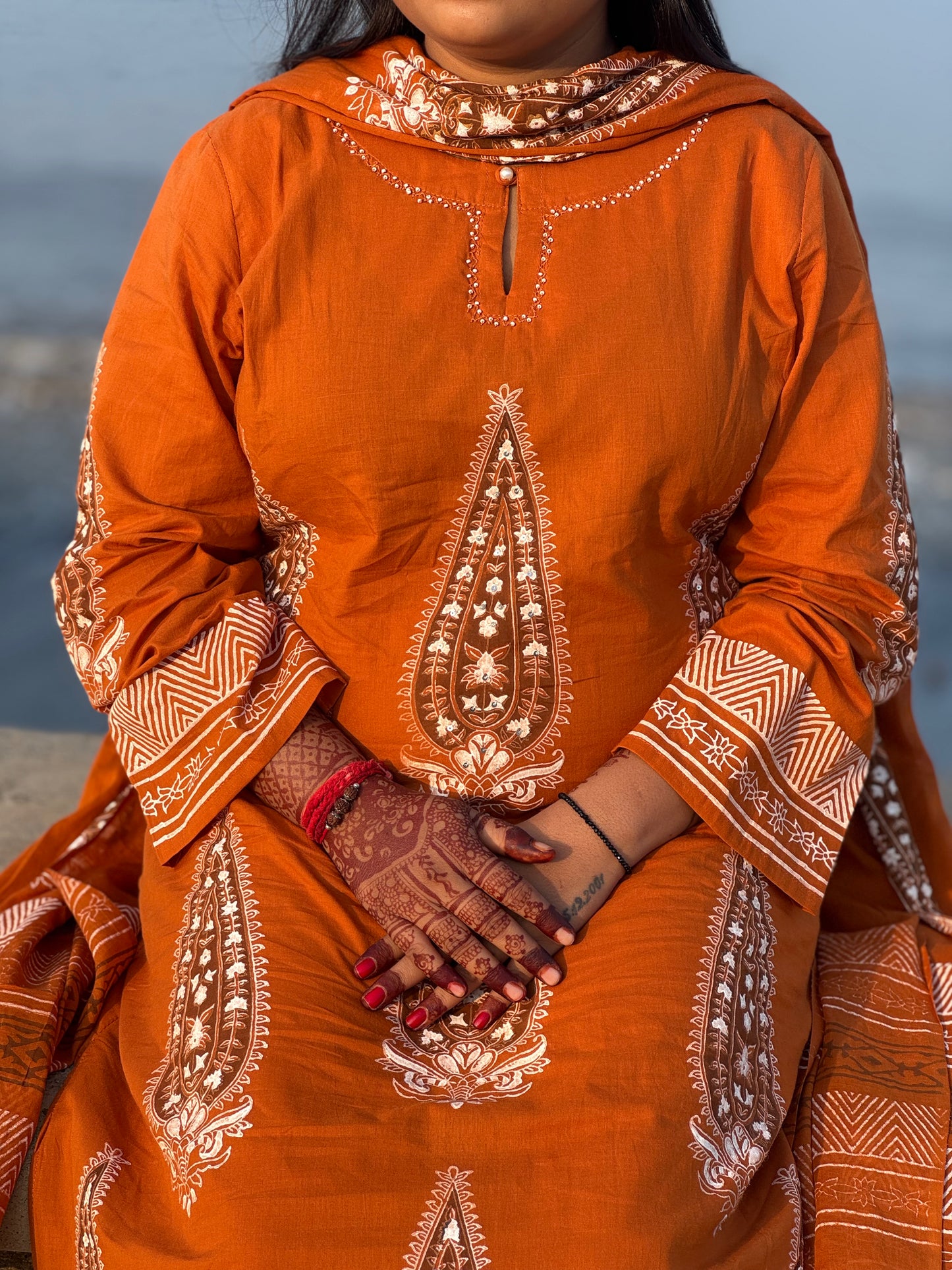 Latest Printing Cotton Hand Embroidery Semi-Party Wear Straight Cut Suit.
