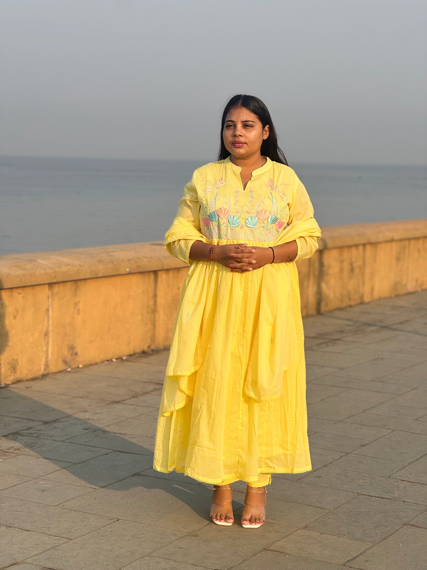 Pure Mull Cotton Yellow Anarkali Ladies Suit