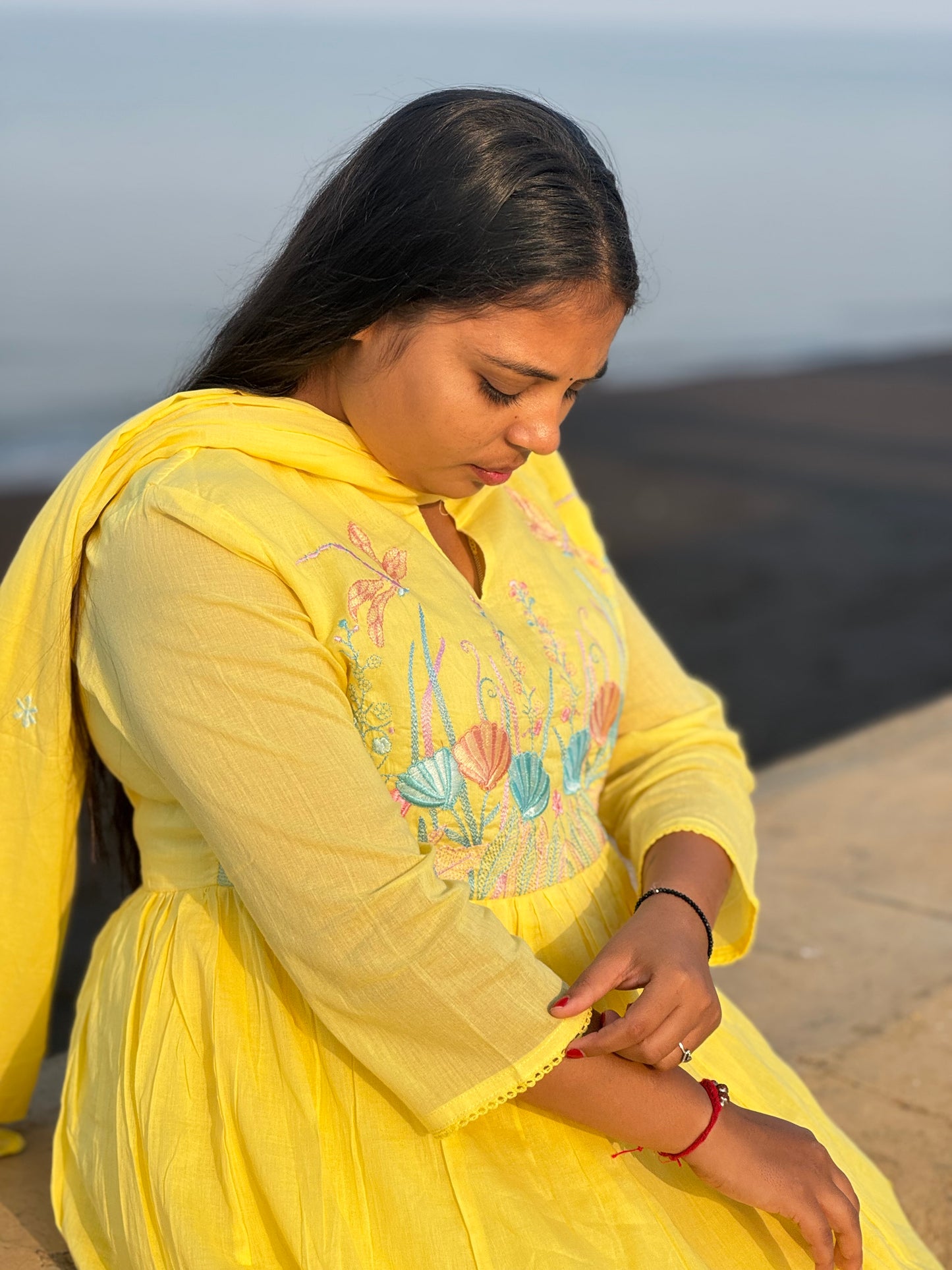 Pure Mull Cotton Yellow Anarkali Ladies Suit