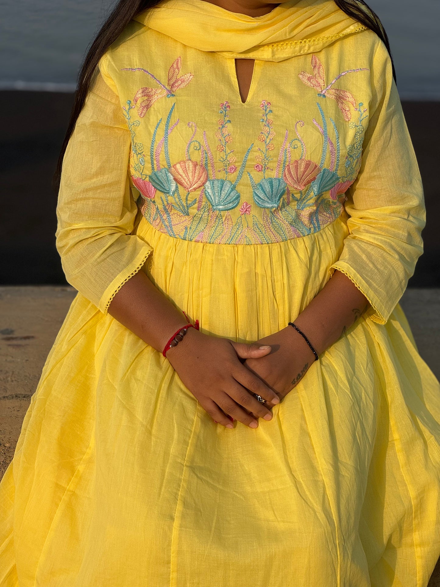 Pure Mull Cotton Yellow Anarkali Ladies Suit
