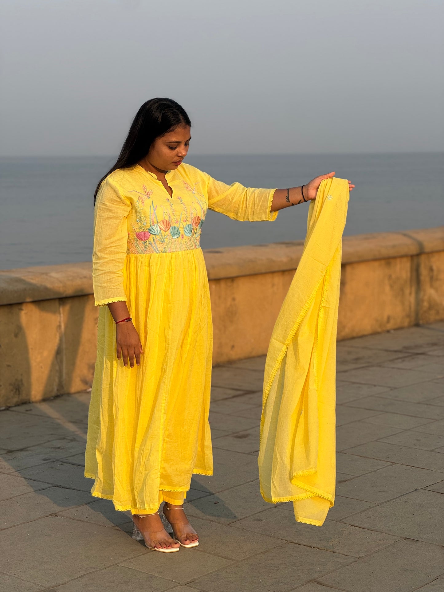 Pure Mull Cotton Yellow Anarkali Ladies Suit